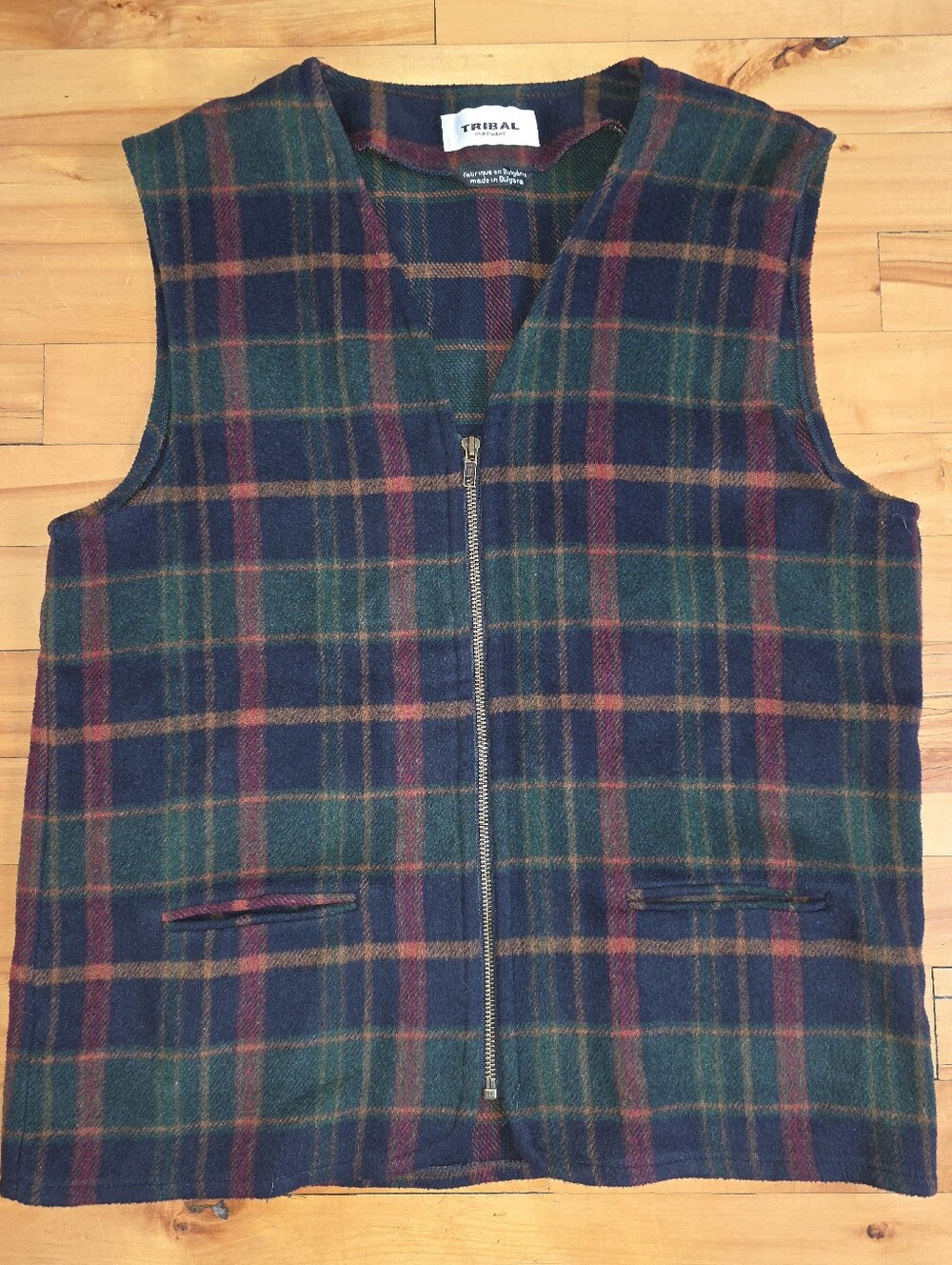 Vintage Tribal Plaid Wool-blend Vest in Green, Navy & Brown Sz Medium